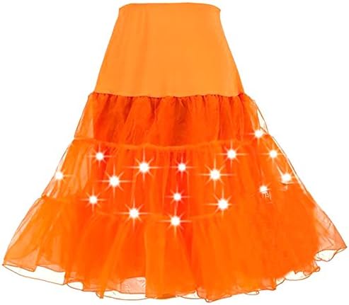 HENCY Women’s A Line Tutu Tulle Party Skirt Elastic LED Light Up Neon 3 Layered Dress Petticoat Orange