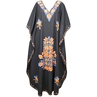 Women Resortwear Kaftan Black Floral Embroidered Cotton Long Dress One Size