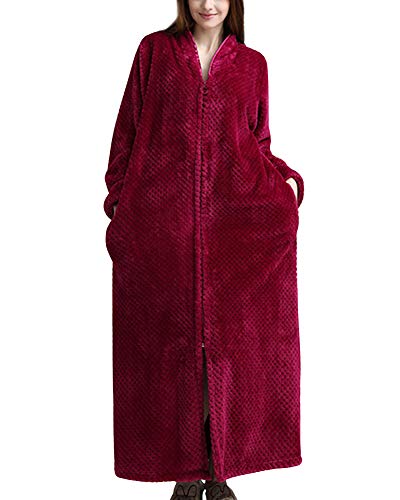 Preisvergleich Produktbild Suncaya Unisex Herren Damen Bademantel Winter Flanell Einfarbig Knöchellang Robe mit Reißverschluss RoseRot M