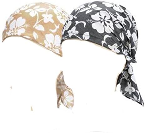 Two Pack Beige/Black Summer Flower Elasticated Bandana headscarf.