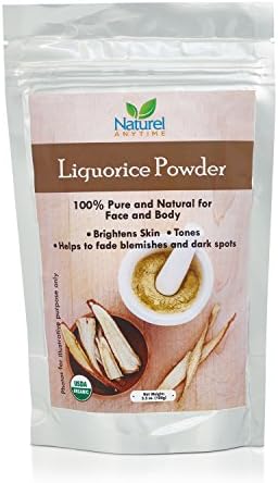 Naturel Anytime Liquorice Powder 75gm - FREE POSTAGE USDA ORGANIC certified, -100% Pure and Natural for Face and Body - Helps in reducing blemishes, dark spots and hyper pigmentation. Excellent cleanser, softener and exfoliator for skin. Helps in brightening and toning your skin. FREE Delivery - Two face pack recipe suggestions are provided with the product. Packed in a resealable pouch to maintain freshness.