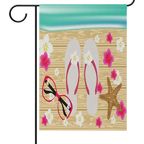 Summer Wood Slipper Starfish Garden Yard Flag Banner House Home Decor 28 x 40 inch, White Pink Flower Small Mini Decorative Double Sided Welcome Flags for Holiday Wedding Party Outdoor Outside