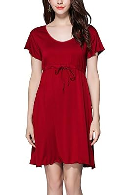 Dolamen Chemises de nuit Femme, Lounging Modal Coton Femmes Ensemble de Pyjama, Top Loose Chemise de nuit en Manche courte (Large, Rouge)