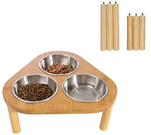 Miss Meow Raised Cat Dog Bowls with Stand Feeder, Elevated Bamboo Stand with 3 Stainless Still Bowls, Anti Slip and Removable Feet. (Stainless Still Bowls)