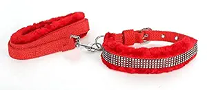 Dog Leash and Collar for Large Dogs with Fur Diamond Nylon Double Strip Set for Adult Medium to Large Dogs, Minimum & Maximum Neck Round Size -20 inch - 24.5 inch (1.25 inch-Large, Red)