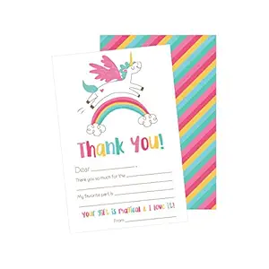 Hadley Designs 25 Unicorn Kids Thank You Cards, Fill in Notes for Kid, Blank Personalized Yous Birthday Gifts, Stationery Children Boys and Girls