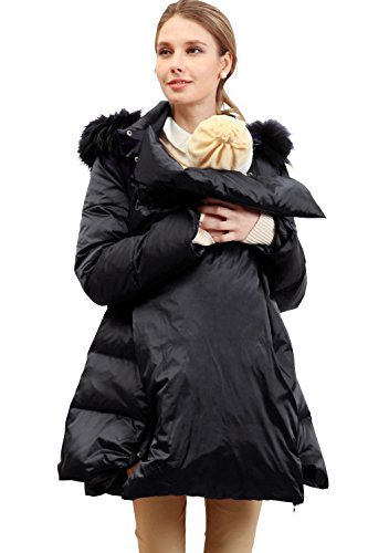 Sweet Mommy Waist Bow Fur Hood Down Maternity and Babywearing Mother Coat MBK (Black) (8-10 / Medium)
