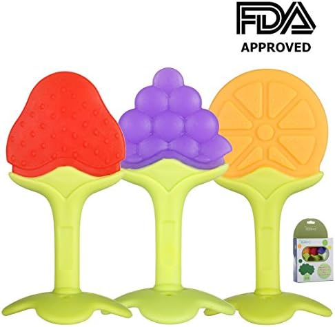 Zakitane Fruit Teether Set Tree Teethers Gift Teething Toys,Bib Gift Set for Baby Massage Soothe Molar Teeth BPA Free (Set of 3, Orange, Grape and Strawberry)