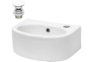 ECD Germany Lavabo en Céramique Blanc 335x255x130 mm, Garniture de Vidage 1 1/4" Universelle avec Trop-Plein, Trou de Robinet à Droite, Rectangle, Vasque à Poser Moderne, Lave-Mains de Salle de Bain