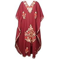 Mogul Interior Women Kaftan Dress Embellished Maroon Lounge Kimono Caftan Cotton Gown 3XL
