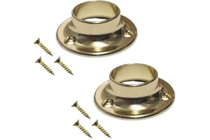 TERF® Polished Brass Curtain Wardrobe Rod Pole Holder Socket for Up to 25mm Diameter Curtain Rail Wall Mount Rod Pole Holder Shower Curtain Closet Lever Rail Socket with Fixing - Pack of 2