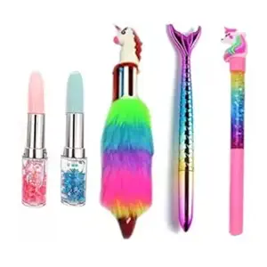 Urban Festivities Unicorn stationery Pen Combo Set for Girls 2 Lipstic Pen, Water Pen, Mermaid Pen, Fur Pen for Girls Kids (Pack of 5)