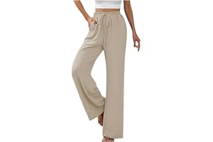 GUCURIN Pantalon Large Femme Chanvre Confortable Respirant Taille Haute Longue Sweatpants Chic Taille Elastique Jogging Plage avec Poches à la Mode Bureau Vacances Loisirs