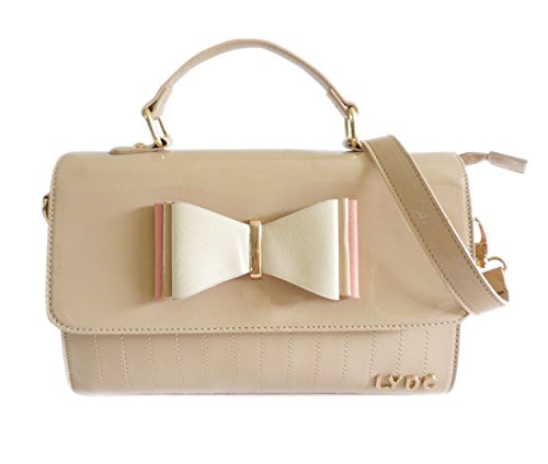 LYDC Womens Faux Patent Leather Glossy Satchel Shoulder Bag Bow Handle Quilted Designer Fashion Elegant Evening Colors -- Cream