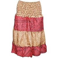 Mogul Interior Women's Skirt Tube Boho Dresses Unique Printed Upcycled Sari 2 in 1 S/M Beige,Pink