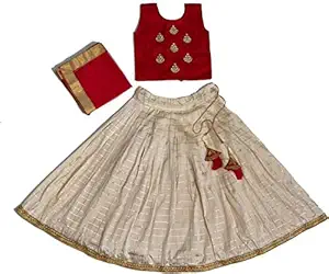 GROWMORE Enterprise Girls Lehenga Choli Ethnic Wear Embellished Lehenga, Choli and Dupatta Set (Cream & Red) - 5-6 Years