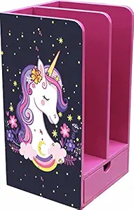 Enigmatic Woodworks Multi Purpose Wooden Books Organizer with Drawer | Pen Stand, Pencil Stand | Stationery Stand for Office | Desk Organizer | Kitchen Organizer (Pink Color, Star Unicorn Theme)