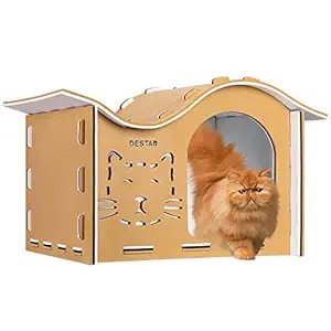 DEStar Indoor Outdoor Waterproof EVA Jigsaw Cat House Easy Set-up DIY Pet Kitty Shelter with Wavy Roof