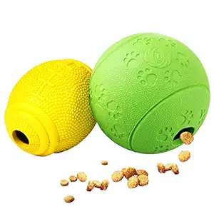 AD Treat Ball - Interactive Dog Toys - Non-Toxic & Durable Rubber Treat Food Dispenser IQ Ball for Pet Puppies and Cat Chasing Chewing Playing - Green Round & Yellow Football