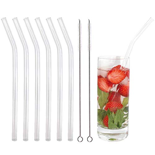 KaraLuna Lot de 6 pailles en Verre + 2 brosses de Nettoyage I 22 cm de Longueur I courbé I Transparent I Home