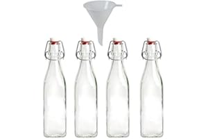 MIKKEN Viva-Haushaltswaren - 4 kleine Glasflaschen mit Bügelverschluss 250 ml (eckige Form) zum Selbstbefüllen inkl. einem Einfülltrichter Ø 7 cm
