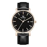 Vigor Rigger Herrenuhren Classic Minimalist Damen Analog-Uhr mit Quarzwerk und Roségold-Gehäuse Schwarzes Edelstahl-Lederarmband