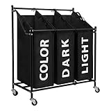LEMAIJIAJU Chariot de Tri Panier à Linge, en Tissu Amovibles Durables, 4 roulettes en Métal, Cadre Métal, Noir (3 Sacs)