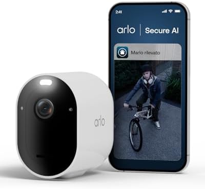 Arlo Pro 6 Telecamera WiFi Esterno Senza Fili, Telecamera WiFi Interno, 2K HDR, Sirena Allarme Casa, Sensore Di Movimento, Visione Notturna Colori, Prova Inclusa Secure, 1 Telecamera, Bianche