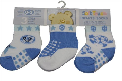 New 3 pairs blue football design socks - baby boy 0-3, 3-6 & 6-12 months