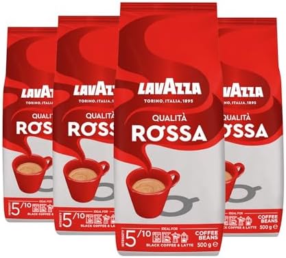 Lavazza, Qualità Rossa, Caffè in Grani, con Note Aromatiche di Cioccolato e Frutta Secca, Arabica e Robusta, Intensità 5/10, Tostatura Media, 4 Confezioni da 500 g