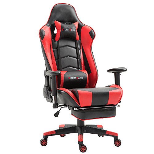 Gaming Silla de Oficina Diseño Ergonomico Mecanismo de Inclinación Cojin Lumbar y Almohada Cuero Sintético?Ajuste reposacabezas y Apoyo Lumbar Silla de Racing (Rojo?Negro)