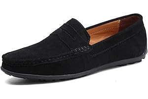 MUYIN Driving Moccasins for Men Genuine Leather Round Toe Stitching Details Suede Vamp Rubber Sole Penny Loafer Lightweight Resistant Flexible Anti-Slip