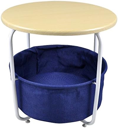 OSPI 2 Tier Circle Household End Table/Sofa Table with Blue Canvas Storage Basket (Blue)