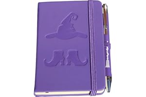 YOMA SOUL A6 purple debossed (indented) witch design pocket hardcover notebook with laser engraved broomstick on ballpoint pen and 80gsm cream lined paper, inner pocket, elastic enclosure and ribbon page marker