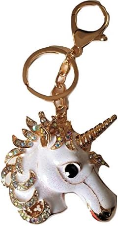 New Gift Boxed Ladies Girls White Glittery &amp; Gold Unicorn Diamante Handbag Bag Charm Keyring Key Chain Rhinestone Accessorize Me