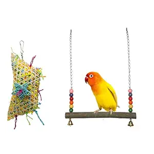 Tfwadmx Chicken Swing Toy Hen Natural Wooden Perch?Chewing Foraging Shredding Paper Hanging Toys for Large Bird Parrot Hens Macaw 2PCS