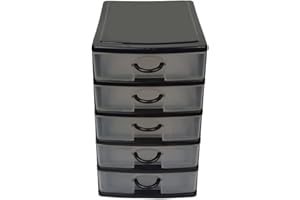 Virsus Cassettiera a Torre Multiuso 7134, misura 16x22x25cm, set 5 cassetti trasparenti con maniglia, organizer salvaspazio per piccoli oggetti, ufficio, camera da letto, scrivania (Nero)