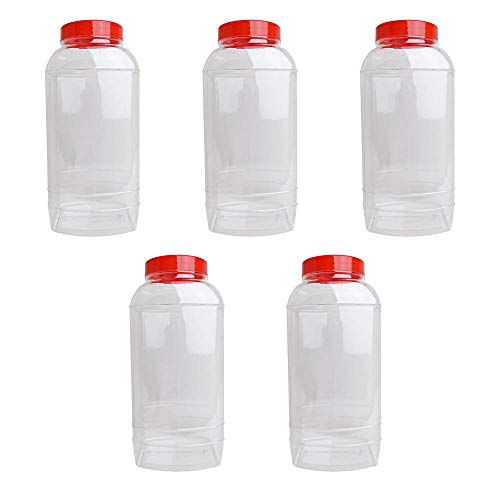 Oipps Pack of 5 x 5 L Ltr Litre Plastic Clear Jar with Red Lids Stackable PET Storage of Food Sweets Candy Biscuits Cookies Animal Treats Kitchen Shop Display