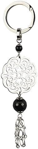 Bag Charm Nature Stone Keychain Key Ring Pendant Ball Sparkle Silver Plated Finish With Crystal (Black)