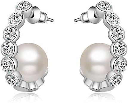 HERLINA Crescent 10mm Shell Pearl Earrings for Women's, Prong Setting Crystals Made with Swarovski Crystals Jewelry (White)