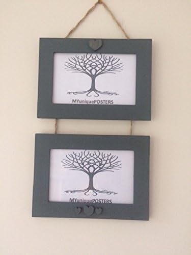 Double Picture Frame with Heart Decoration and Jute Twine. Hand painted with Down Pipe Grey Matt Estate Emulsion. To suit photo size 6 x 4 inch