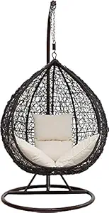 Comfort Home Single Seater |Swing Chair with Stand & Cushion & Hook Outdoor Indoor| Outdoor| Living Room | Balcony | Garden | Patio | Home Improvement (Standard)(Brown-Stand, Basket-Brown, Cushion-Peach)