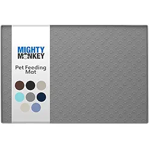 MIGHTY MONKEY Premium Silicone Pet Feeding Mat, 24x16, Waterproof Pets Placemat, Raised Edges, Paw Print Patterned Food Tray Mats, Dishwasher Safe, Prevent Food and Water Bowl Spills on Floor, Gray