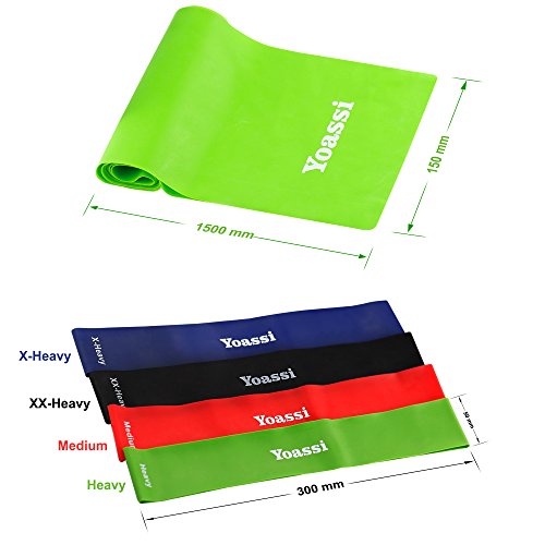 Yoassi Fitnessband 150 × 15 cm mit 4er-Set Widerstand-Bänder 30 × 5 cm in 4 Zugkraftstärken Trainingsbänder aus 100% Naturlatex - 3