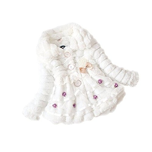 Arrowhunt Baby Girls Faux Fur Flower Pearl Winter Warm Coat Snowsuits White
