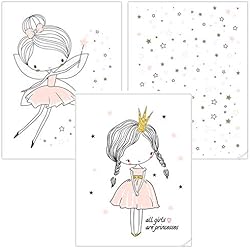 timalo® Juego de 3 imágenes para habitación de niños - Juego de imágenes de princesa, estrellas y hada en color rosa pastel P-3er-set-004 Talla:A4 (21x29cm)
