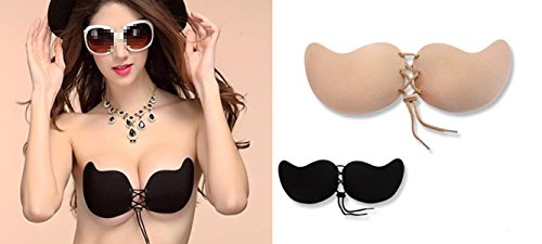 wiederverwendbar Sexy Mango Form selbstklebend trägerlos Silikon BHs Tief V-Rückenfrei, Pad unsichtbar Push-Up BH Stay Kordel Nubra-mit Verschluss vorne für Lady Damen und Mädchen - 6