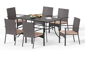 MFSTUDIO Patio Dining Set,7 Pieces Outdoor Rattan Furniture Set Including 150cm Rectangular Metal Table with 4cm-5cm Umbrella Hole and 6 Rattan Chairs,Beige Cushion
