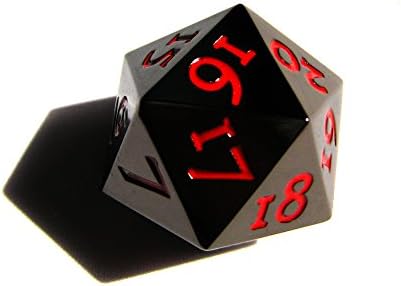 KakapopoTCG Extra Large Solid Metal Black D20 Countdown Dice 20 face Count Down Counter 20 faced with Red Numbers Extra Heavy Commander EDH