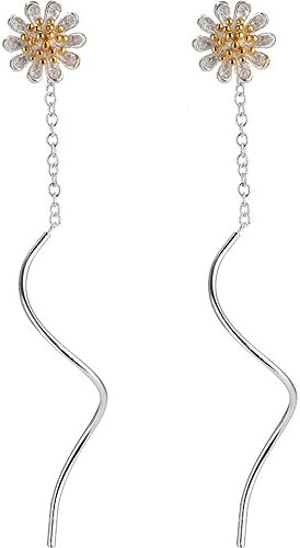 Luckyfree 925 Pure Silver Ear-Wire Simple Waves Tassels Ear Fall Girl Daisy Flowers Long Earrings